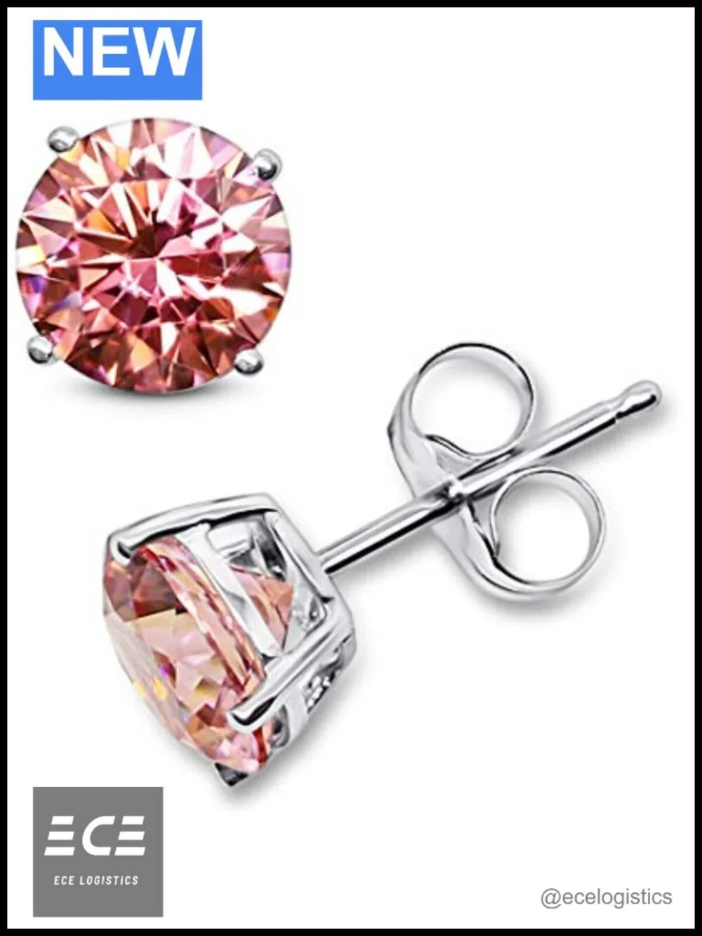14K Solid White Gold Simulated Morganite Stud Earrings
